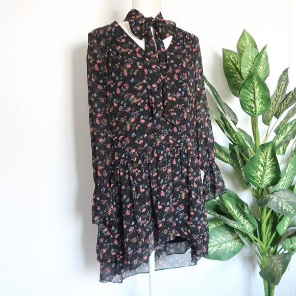 Joie Jamira Black 100% Silk Floral Tie Neck Lined Tiered Ruffle Mini Swing Dress - Picture 5 of 15